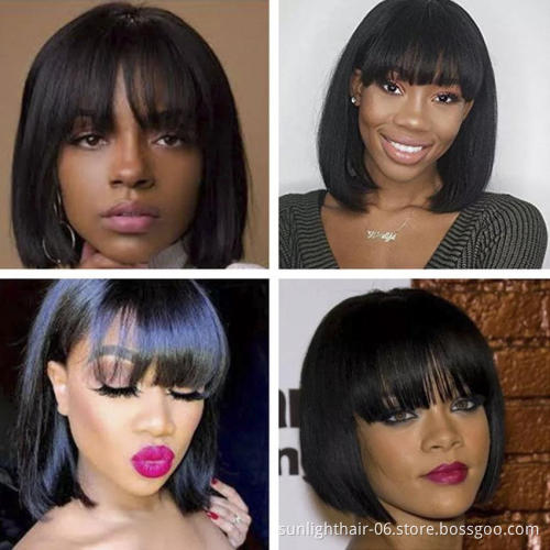 Sunlight Short Straight Indian Human Hair Glueless Machine Made Wig Bob Wigs With Bangs